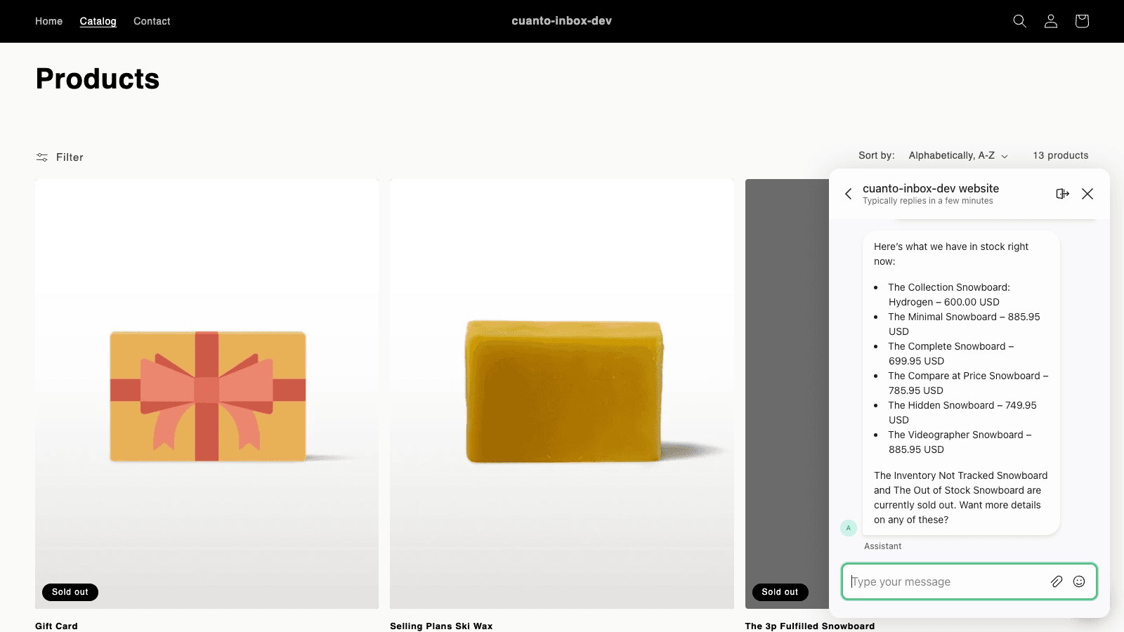 A Shopify storefront with the SayMaya chat open, listing in-stock products and prices from the live catalog and noting which items are sold out.