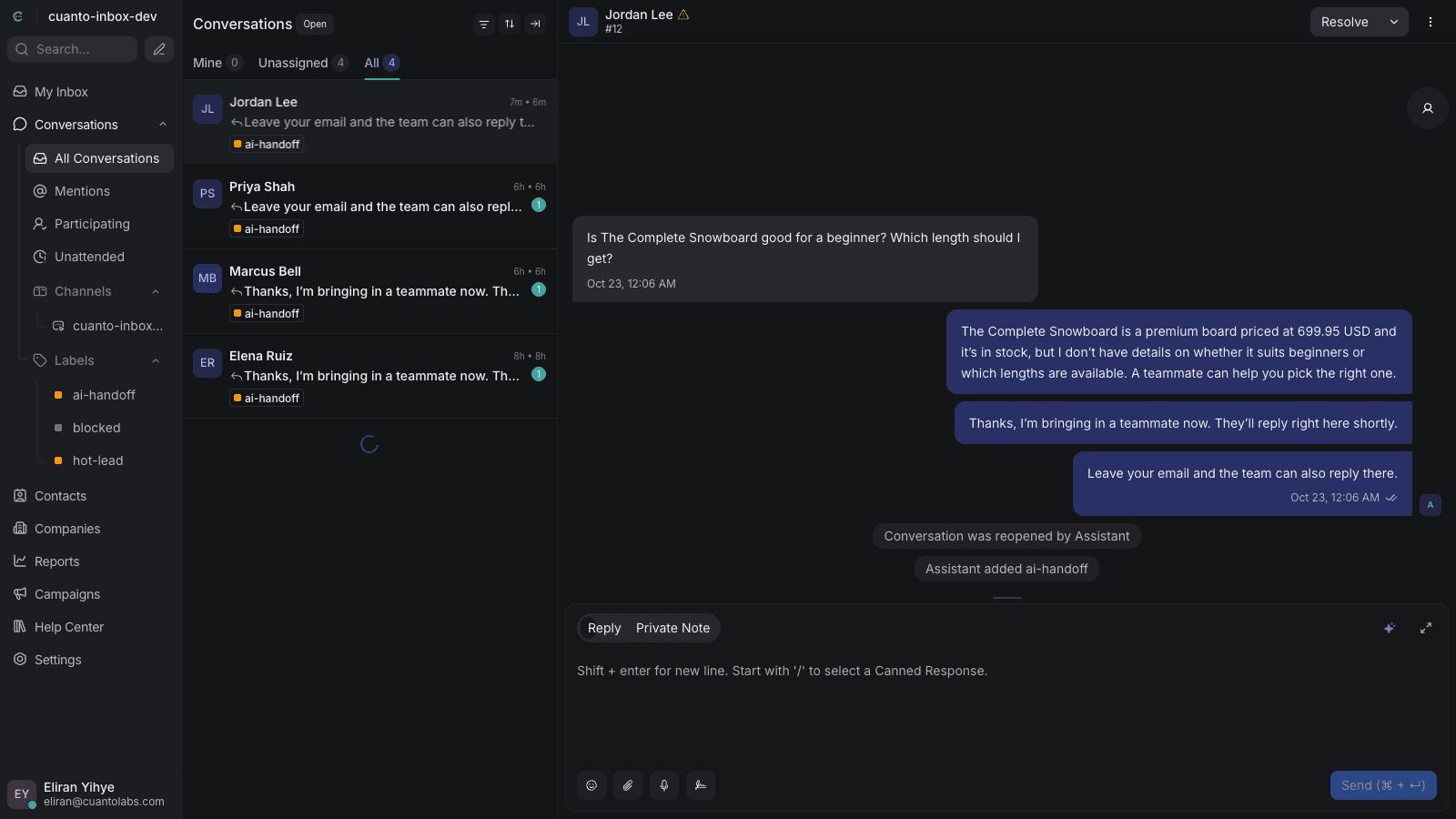 The SayMaya team inbox: a list of handed-off conversations, and an open chat where the assistant gave the price and stock of a snowboard, then brought in a teammate for sizing advice.